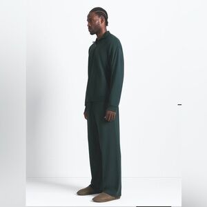 SKIMS Men’s Dark Green 1/4 zip Pullover and relaxed straight leg pants